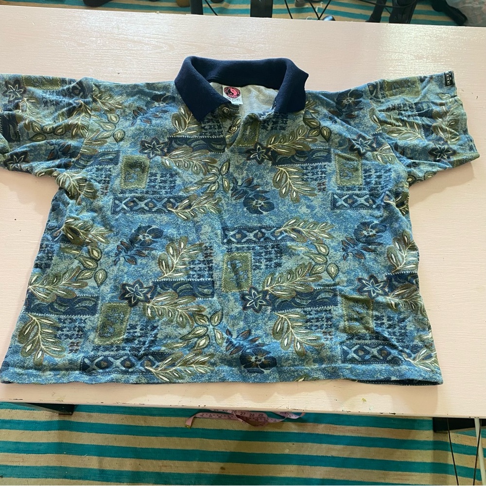 Vintage T&C Surf Hawaii Cropped Polo Shirt Natural Fibers VTG Cotton Floral L - Picture 7 of 10